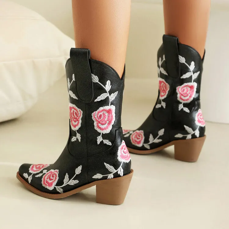 Women's Floral Embroider Square Toe Block Heel Mid Calf Western Boots