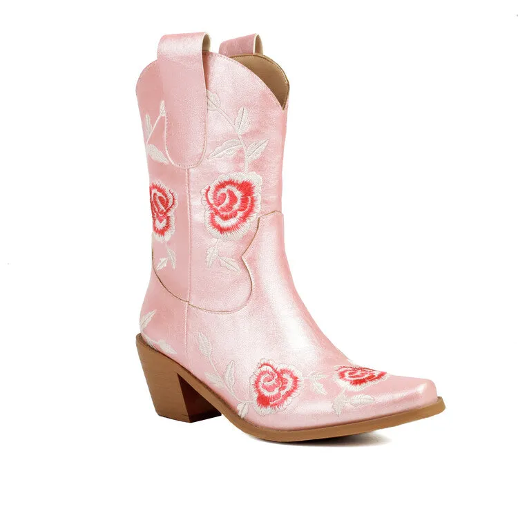 Women's Floral Embroider Square Toe Block Heel Mid Calf Western Boots