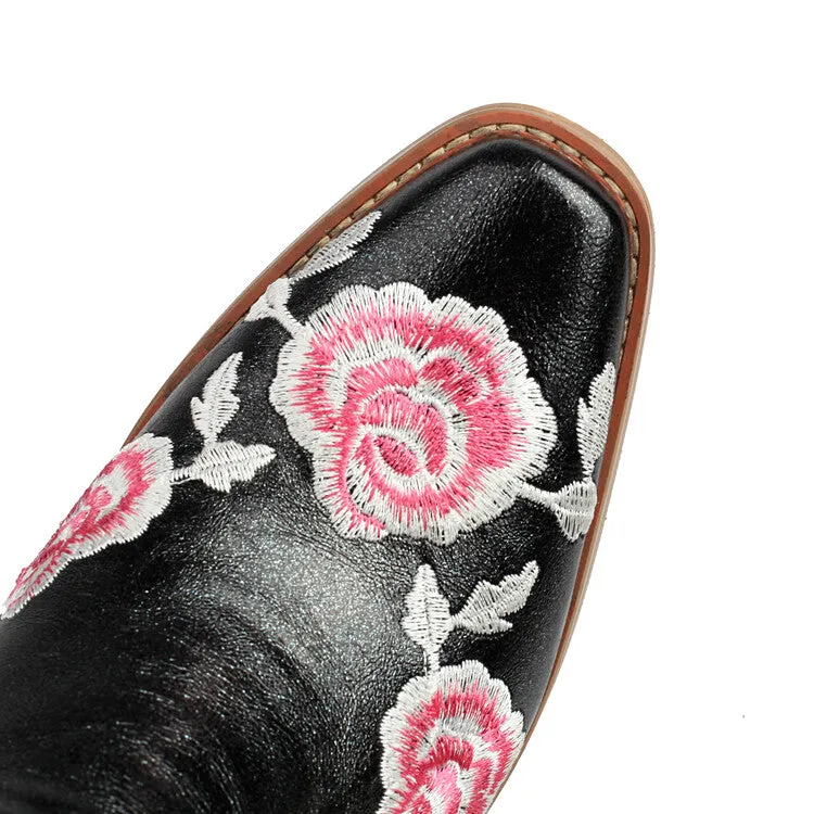 Women's Floral Embroider Square Toe Block Heel Mid Calf Western Boots