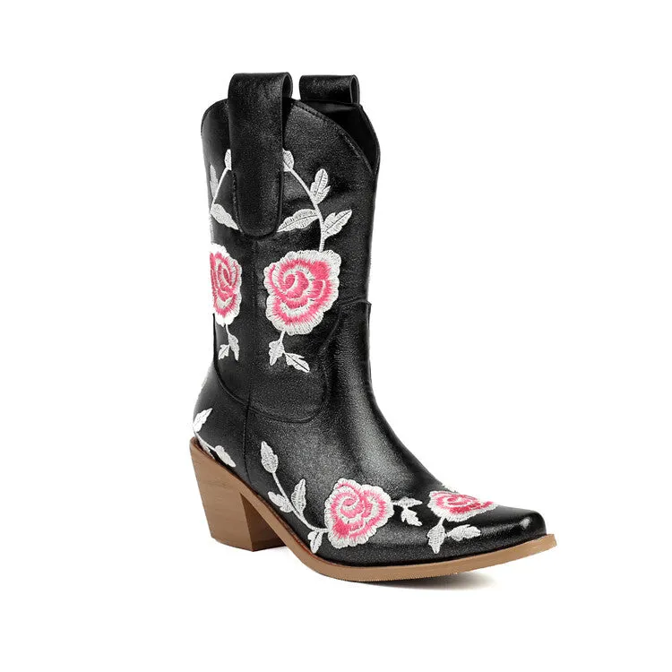 Women's Floral Embroider Square Toe Block Heel Mid Calf Western Boots
