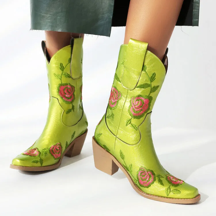 Women's Floral Embroider Square Toe Block Heel Mid Calf Western Boots