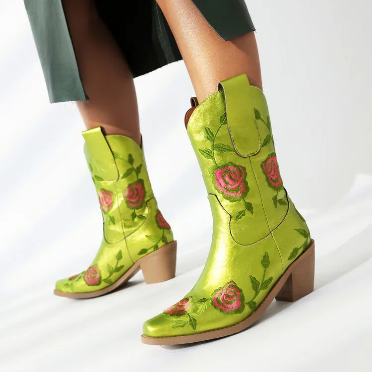 Women's Floral Embroider Square Toe Block Heel Mid Calf Western Boots
