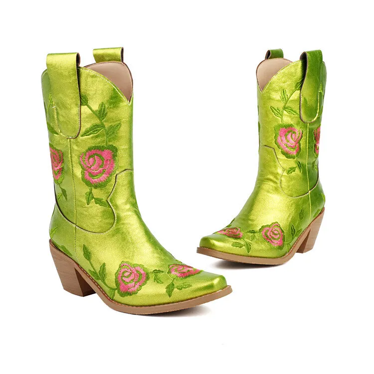 Women's Floral Embroider Square Toe Block Heel Mid Calf Western Boots