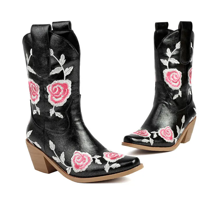 Women's Floral Embroider Square Toe Block Heel Mid Calf Western Boots