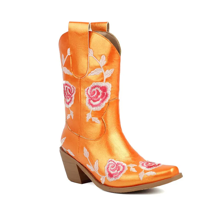 Women's Floral Embroider Square Toe Block Heel Mid Calf Western Boots