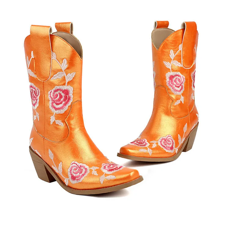 Women's Floral Embroider Square Toe Block Heel Mid Calf Western Boots