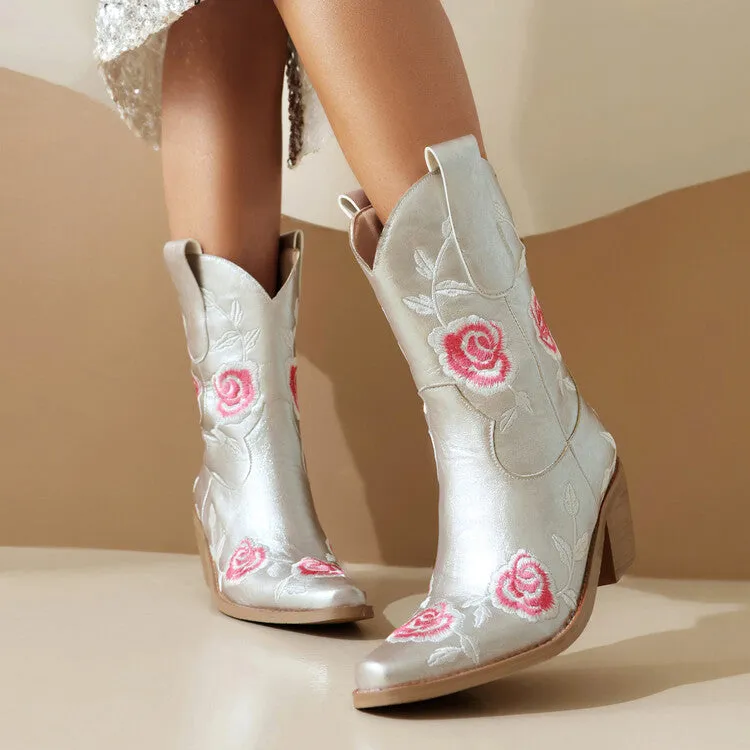 Women's Floral Embroider Square Toe Block Heel Mid Calf Western Boots
