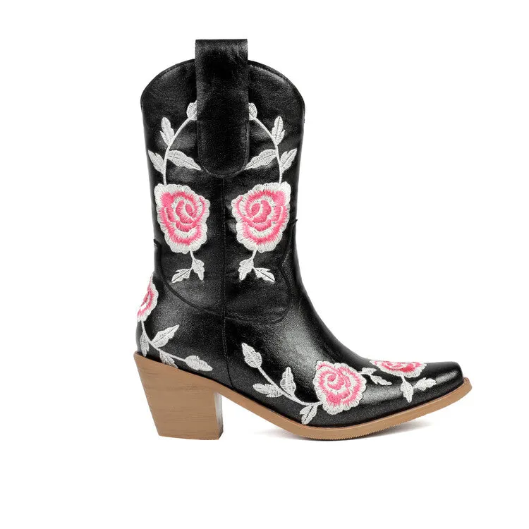 Women's Floral Embroider Square Toe Block Heel Mid Calf Western Boots