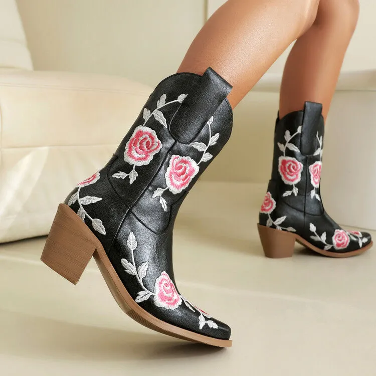 Women's Floral Embroider Square Toe Block Heel Mid Calf Western Boots