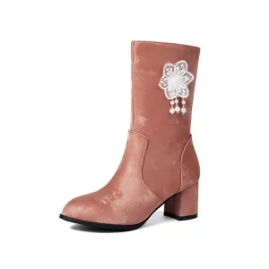 Women's Flowers Tassel Round Toe High Heel Mid Calf Boots