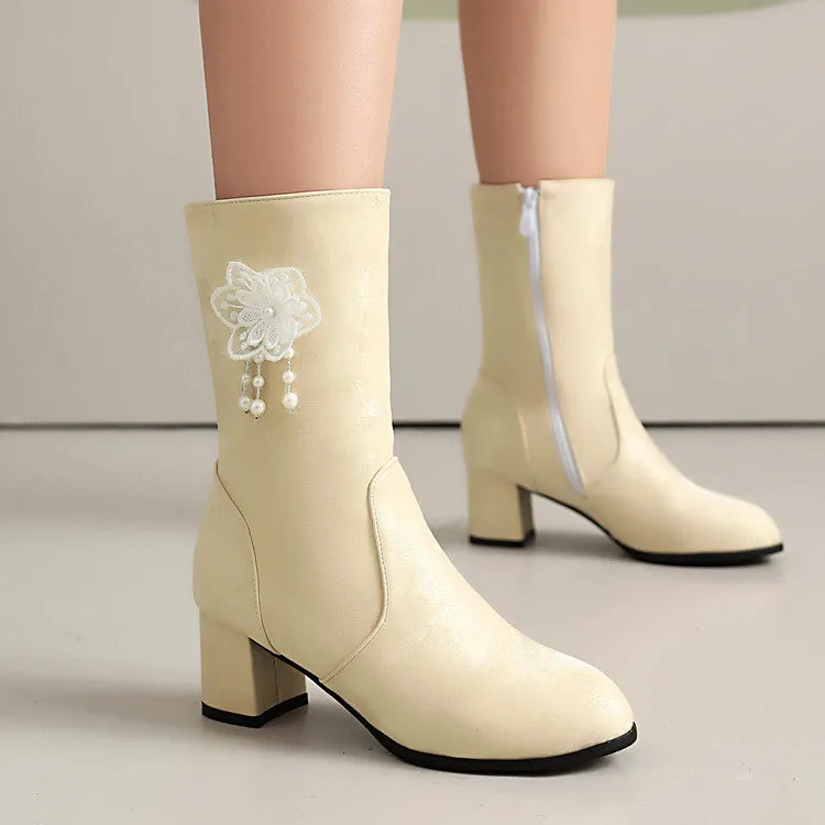 Women's Flowers Tassel Round Toe High Heel Mid Calf Boots