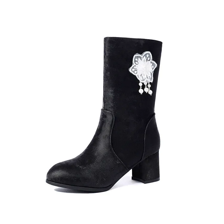 Women's Flowers Tassel Round Toe High Heel Mid Calf Boots