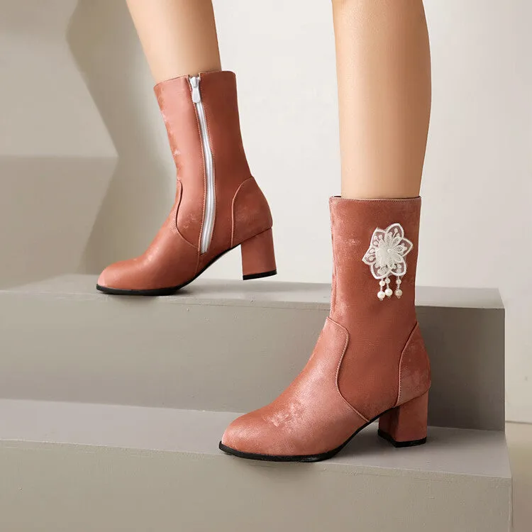 Women's Flowers Tassel Round Toe High Heel Mid Calf Boots