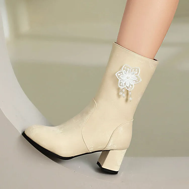 Women's Flowers Tassel Round Toe High Heel Mid Calf Boots