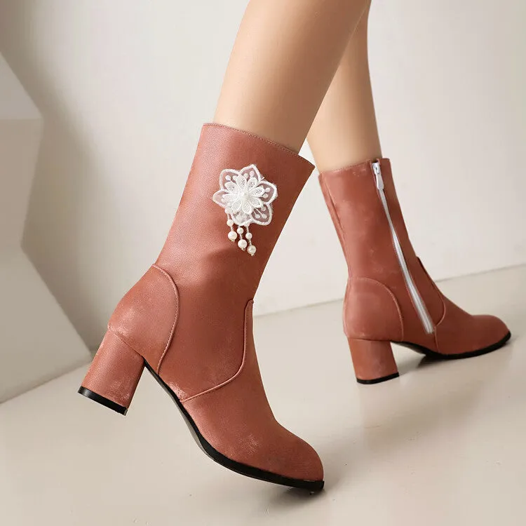 Women's Flowers Tassel Round Toe High Heel Mid Calf Boots