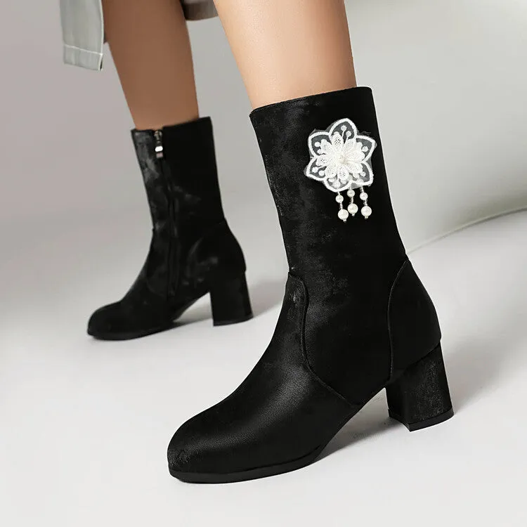 Women's Flowers Tassel Round Toe High Heel Mid Calf Boots