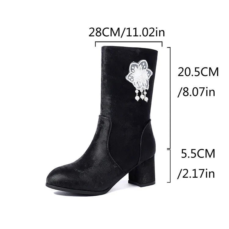 Women's Flowers Tassel Round Toe High Heel Mid Calf Boots