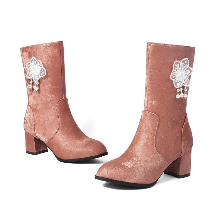 Women's Flowers Tassel Round Toe High Heel Mid Calf Boots