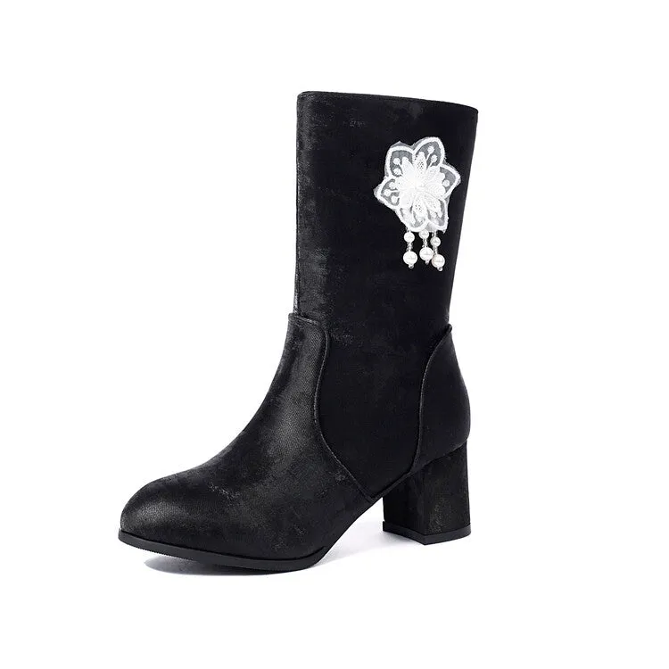 Women's Flowers Tassel Round Toe High Heel Mid Calf Boots