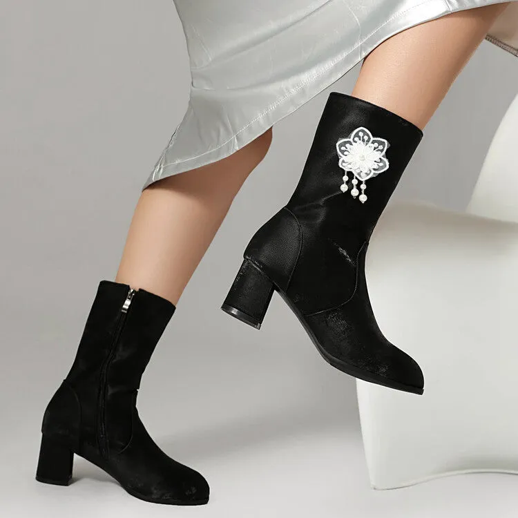 Women's Flowers Tassel Round Toe High Heel Mid Calf Boots