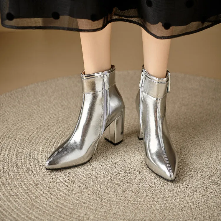 Women's Glossy Pointed Toe Chunky Heel Ankle Boots