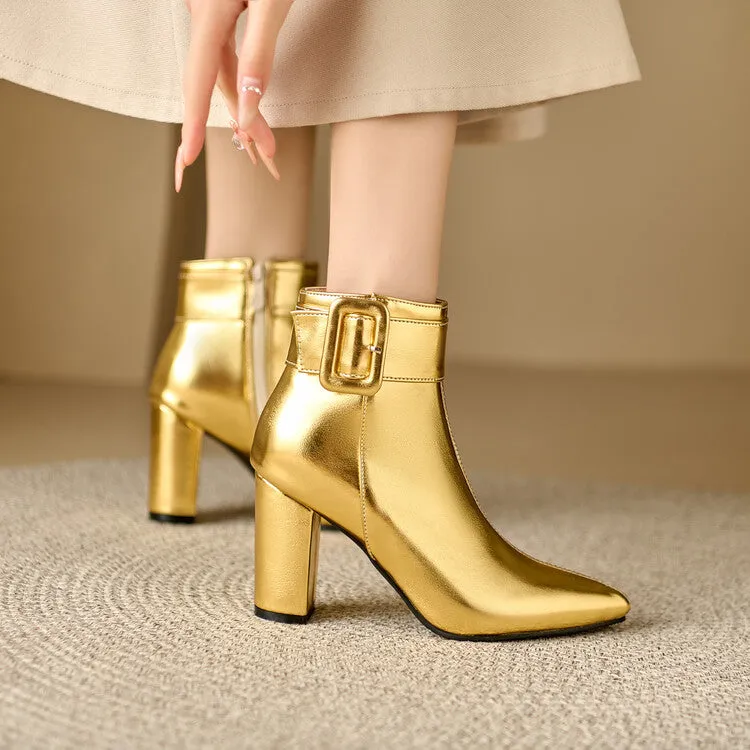 Women's Glossy Pointed Toe Chunky Heel Ankle Boots