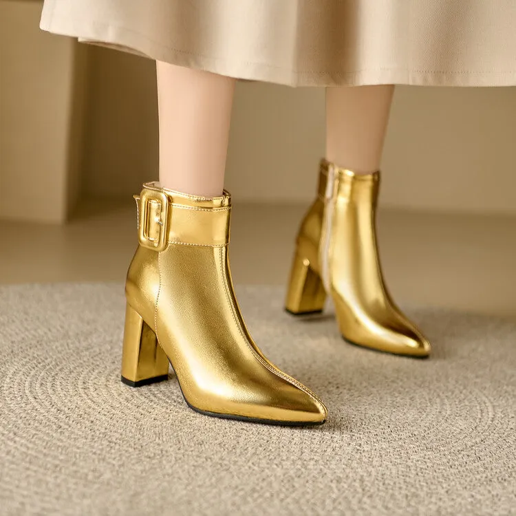 Women's Glossy Pointed Toe Chunky Heel Ankle Boots