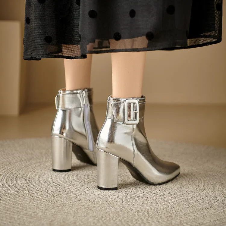 Women's Glossy Pointed Toe Chunky Heel Ankle Boots