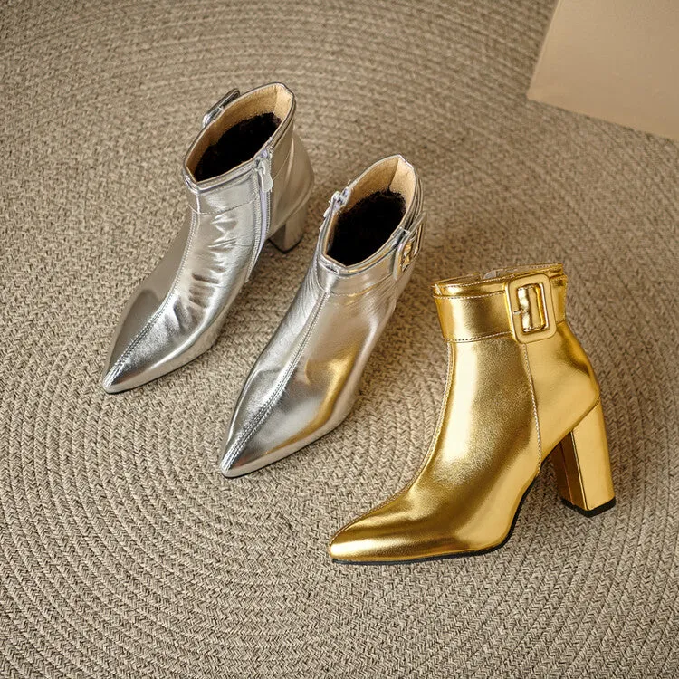 Women's Glossy Pointed Toe Chunky Heel Ankle Boots