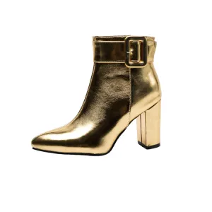 Women's Glossy Pointed Toe Chunky Heel Ankle Boots