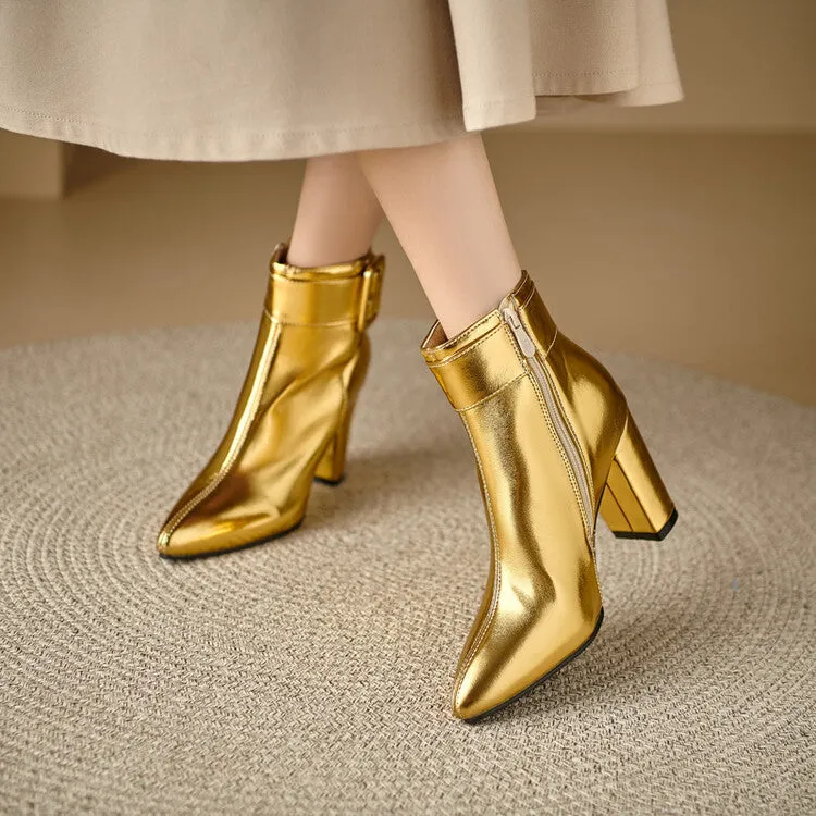 Women's Glossy Pointed Toe Chunky Heel Ankle Boots