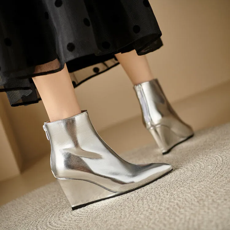 Women's Glossy Pointed Wedge Ankle Boots