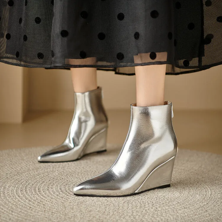 Women's Glossy Pointed Wedge Ankle Boots