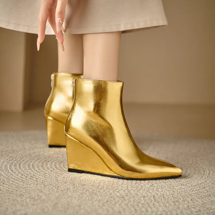 Women's Glossy Pointed Wedge Ankle Boots