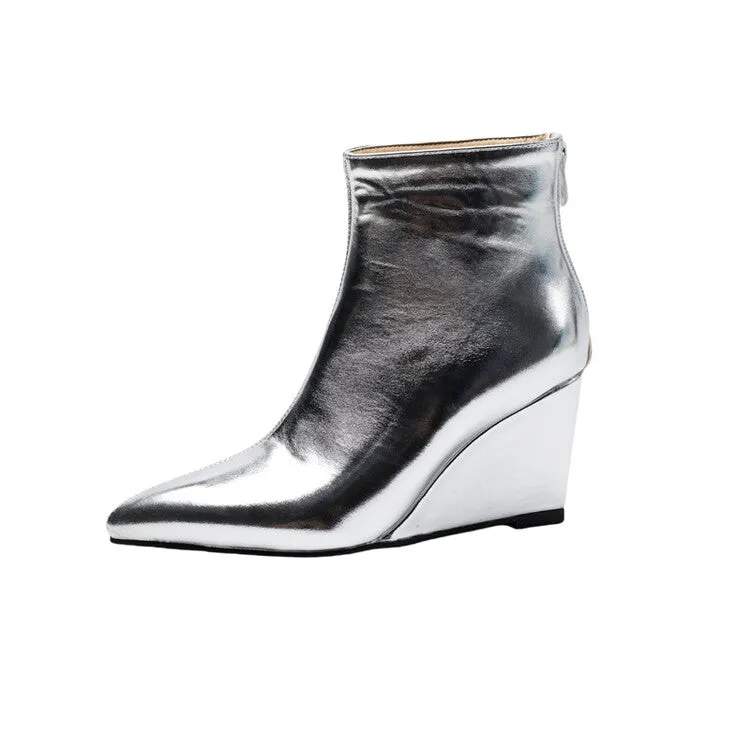 Women's Glossy Pointed Wedge Ankle Boots