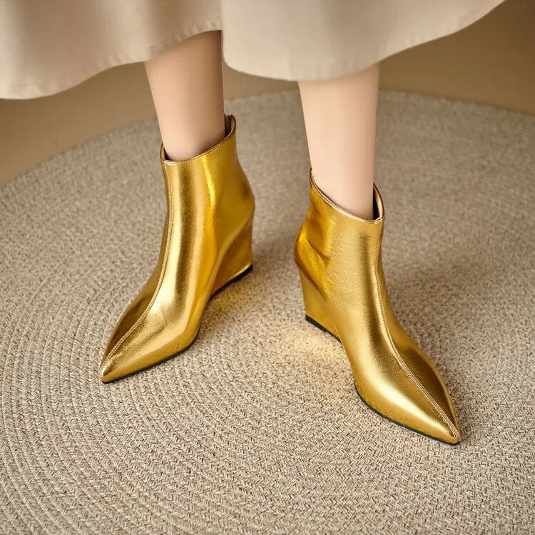 Women's Glossy Pointed Wedge Ankle Boots