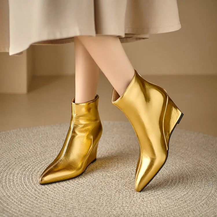 Women's Glossy Pointed Wedge Ankle Boots