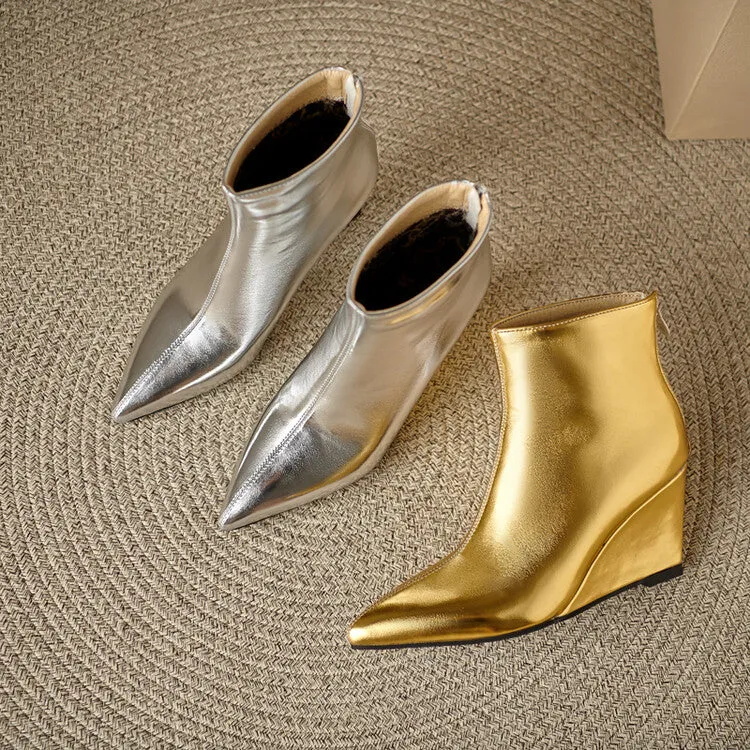 Women's Glossy Pointed Wedge Ankle Boots