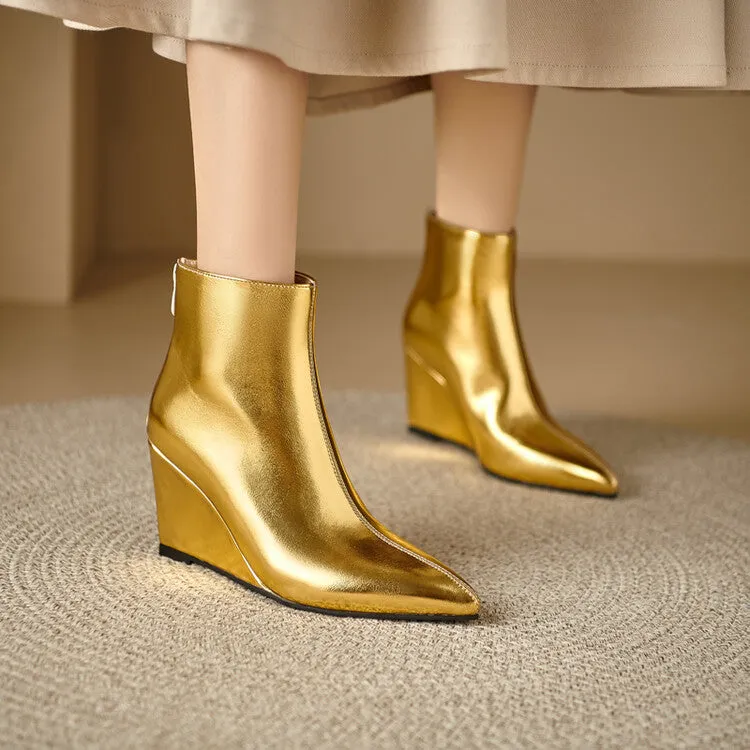 Women's Glossy Pointed Wedge Ankle Boots