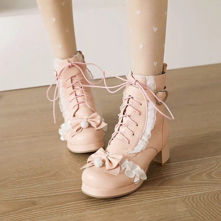 Women's Lace Bow Tie Pearls Block Chunky Heel Ankle Boots
