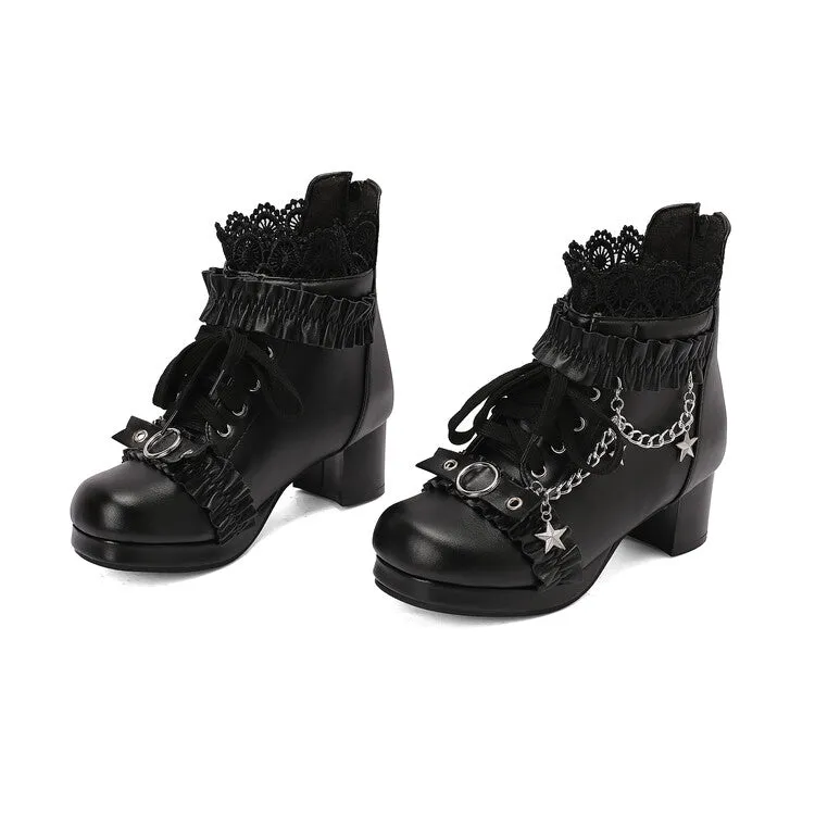 Women's Lace Chains Round Toe Block Heel Platform Ankle Boots
