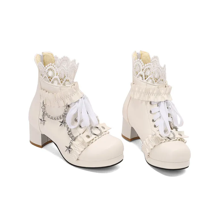 Women's Lace Chains Round Toe Block Heel Platform Ankle Boots