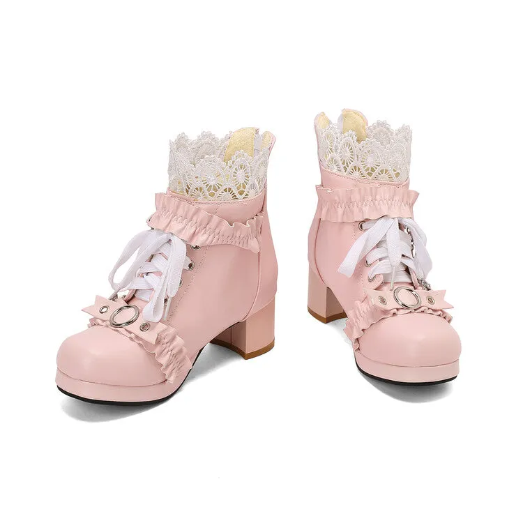 Women's Lace Chains Round Toe Block Heel Platform Ankle Boots