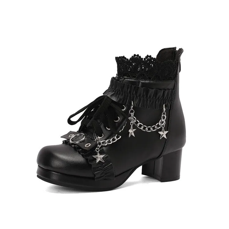 Women's Lace Chains Round Toe Block Heel Platform Ankle Boots