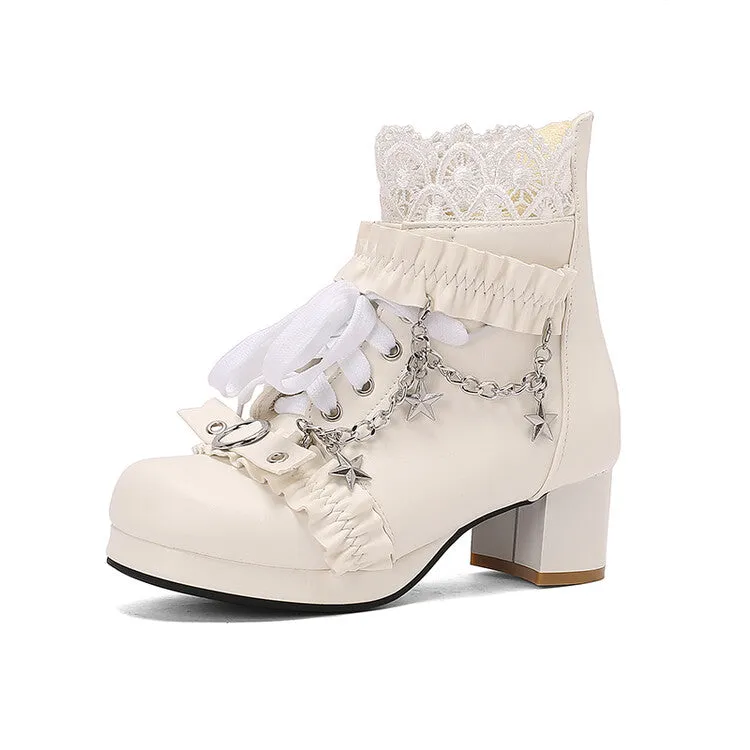 Women's Lace Chains Round Toe Block Heel Platform Ankle Boots