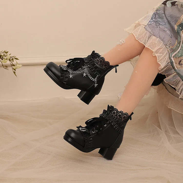 Women's Lace Chains Round Toe Block Heel Platform Ankle Boots