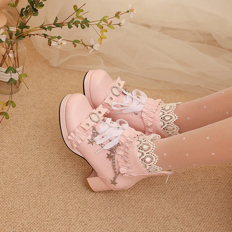 Women's Lace Chains Round Toe Block Heel Platform Ankle Boots