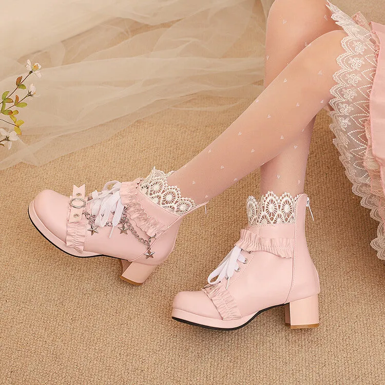 Women's Lace Chains Round Toe Block Heel Platform Ankle Boots