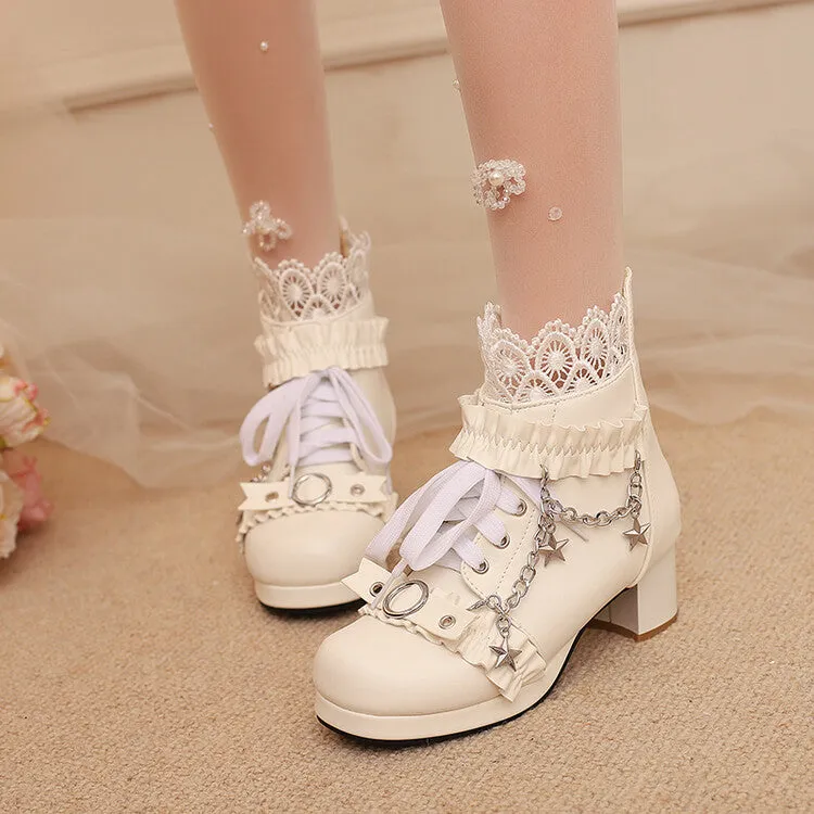 Women's Lace Chains Round Toe Block Heel Platform Ankle Boots