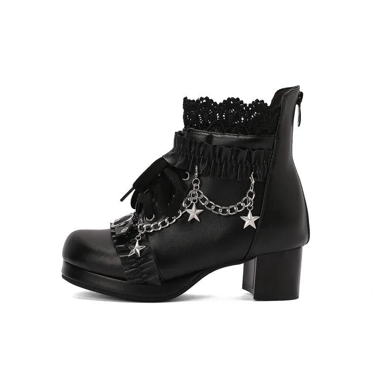 Women's Lace Chains Round Toe Block Heel Platform Ankle Boots